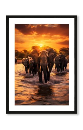 Elephant herd crossing river at sunset