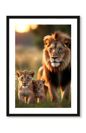 Lion family, cubs, love, photographic image with animals perfect for wall decoration . Ai Generative