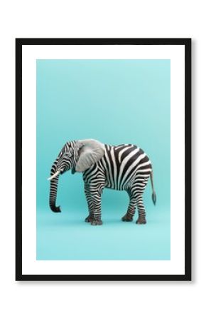Creative concept made of elephant with zebra stripes on body against pastel blue background
