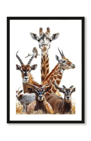 There is a background of white on which giraffes, meerkats, owls, barbary sheep, and waterbuck are grouped together