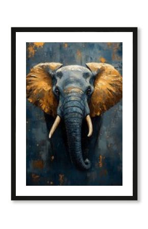 Majestic Elephant Portrait Photo With Golden Accents On A Textured Blue Background