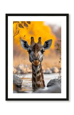 Giraffe drinking water, autumn backdrop