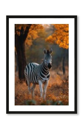 Zebra Standing in Autumnal Landscape with Golden Foliage and Striking Pattern