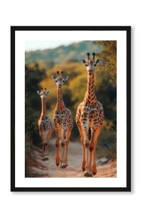 Giraffes walking along a sunlit path in a savanna landscape during golden hour