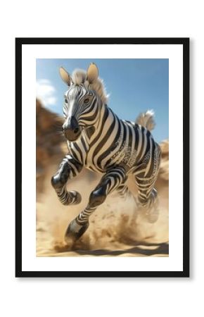 A 3D superhero zebra, with lightning speed and a black-and-white striped suit, running through a desert. Stock