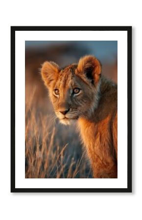 Close-up of a lion cub gazing at the horizon in the Serengeti at sunset