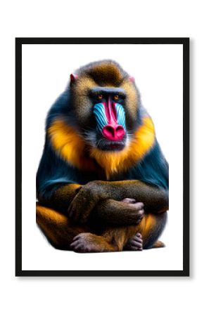 Male mandrill sitting in alpha posture with colorful face and muscular arms, isolated on transparent background 