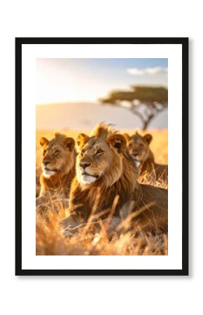 Majestic lions rest in the golden savanna grass, embodying the iconic wildlife of Tanzania.
