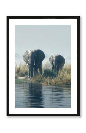 Two elephants standing near the water's edge, surrounded by tall grass and a serene, light sky above them