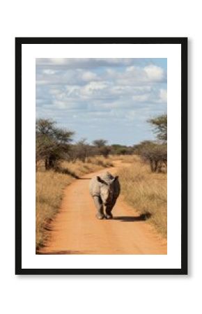 Rhino walks dusty path