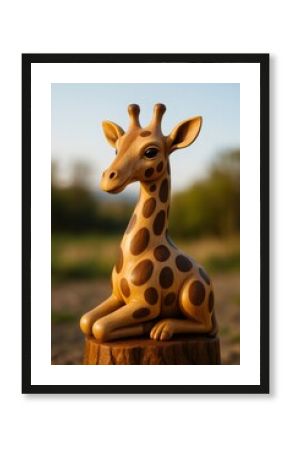 Wooden giraffe sculpture resting on tree stump in natural environment