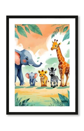 Minimalist Mid-Century Modern Baby Safari Animals in Muted Triadic Colors