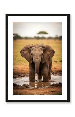 Young African Elephant Playing in Muddy Waterhole