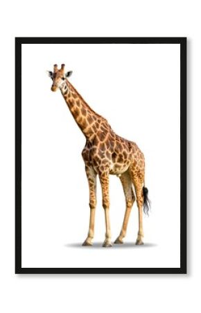 A giraffe stands against a white background, showcasing its distinctive coat pattern and long neck