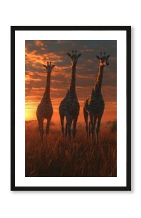 Majestic giraffes silhouettes against a vibrant sunset in the African savannah