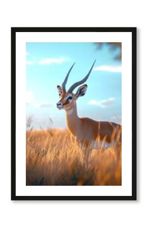Gazelle Standing in Golden Grass Field Under Blue Sky antelope savanna photo