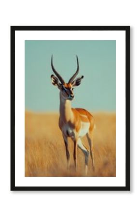 Gazelle standing in dry grass with clear blue sky photo background antelope wild animal