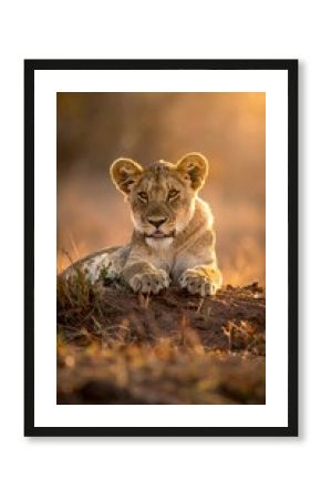 Lion cub resting in golden light