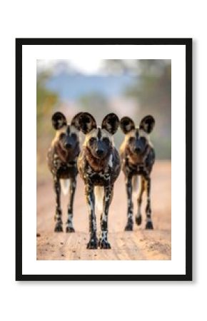 Three African wild dogs walk toward the camera on a sandy path