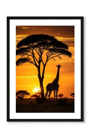 African Sunset Silhouette: Giraffe Under Tree - Wildlife Photography, Safari, Tanzania, Kenya, Golden Hour, Nature, Travel