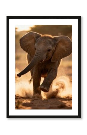 Playful Baby Elephant Kicking Up Dust in Golden African Sunset