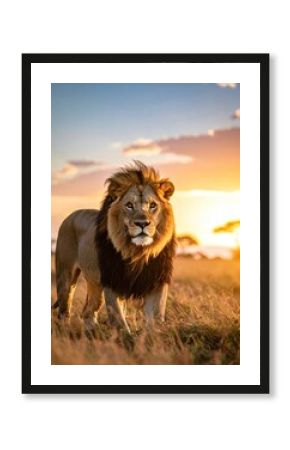Majestic male lion standing in golden light of setting sun, savanna