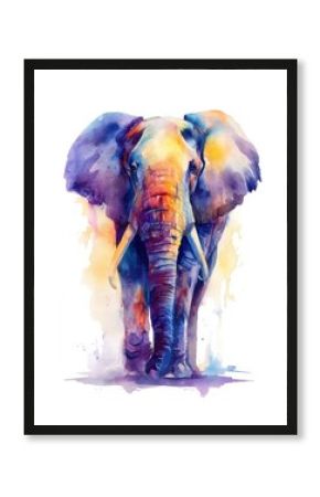 Colorful Watercolor Elephant Portrait Showcasing Soft Pastel Hues on a Bright White Background