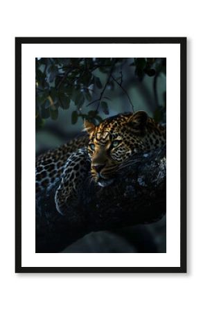 Moody Photorealistic Leopard with Green Eyes Resting in a Tree