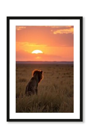 Majestic lion surveys golden savanna plains at sunset, safari,  lion
