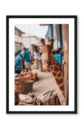 Giraffe curiously peeks out from a building in a bustling african market scene