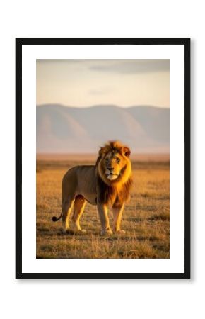 Majestic Male Lion Portrait at Dawn in African Savannah with Golden Light and Distant Mountains a Symbol of Wildlife Conservation and African Safari Adventures