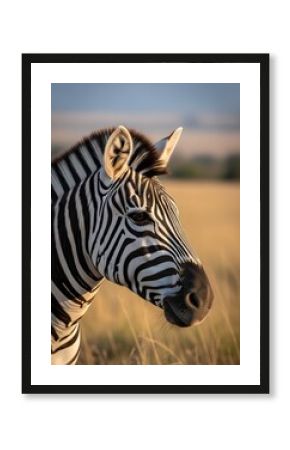 Striking Zebra Portrait Captured in Golden Light with Focus on Unique Stripes and Gentle Expression against a Warm Blurred African Savannah Background