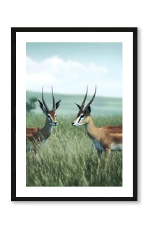 Two gazelles face each other in a field of tall green grass antelope wildlife photo
