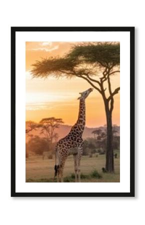Majestic Giraffe Against Sunset Sky in Grassy Landscape