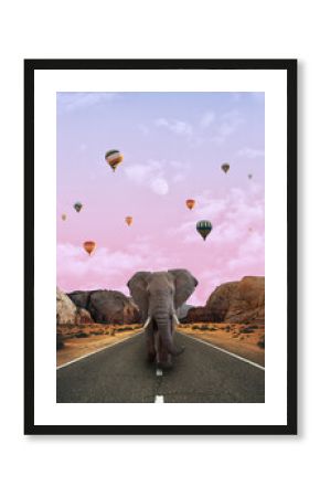 an elephant on the road with hot air balloons on the sky