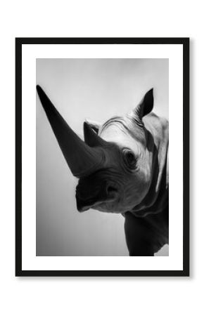 Side view of a rhinoceros head. Black and white vertical photo
