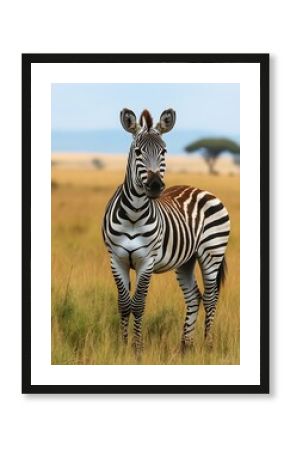 Zebra Standing Tall in African Savanna with Stripes on Display
