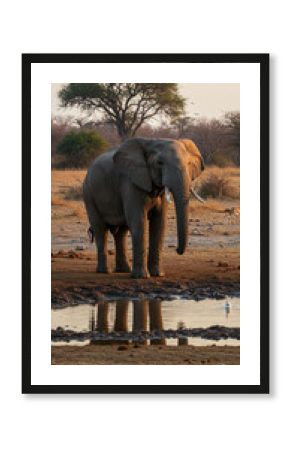 Elephant Drinking at Waterhole in African Savannah