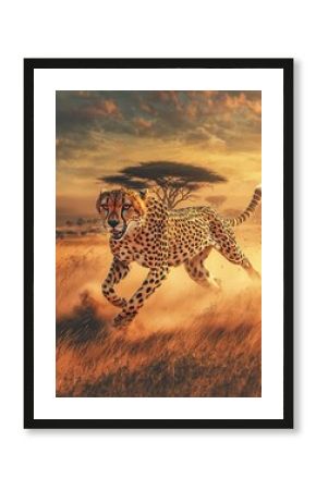Leopard sprinting across grassy plain in dusk light