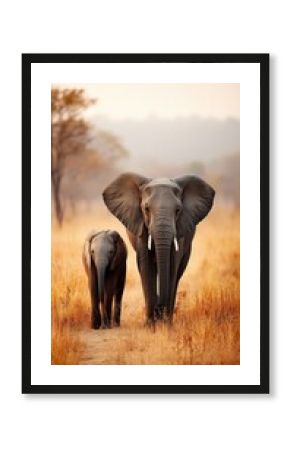 Elephant mom protecting baby elephant walking on dirt road