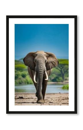 Majestic African elephant strides toward camera with blue sky and green trees in the Kenyan savanna.
