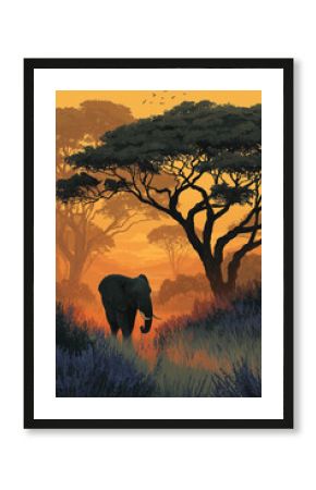 Majestic elephant walking in the african savannah at sunset
