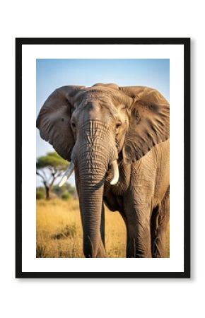 Tranquil African Elephant Cinematic Shot Sunny Clear Sky Strong Verticals Vivid Detail