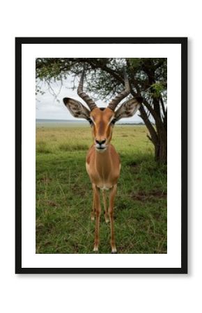 Close-up of an impala in the Serengeti, highlighting its graceful features and soft gaze. A perfect capture of Africa’s elegant antelope in the wild.