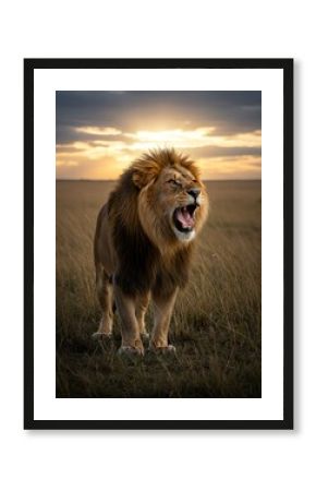 Majestic Lion Standing in Open Grassland at Sunset with Dramatic Sky