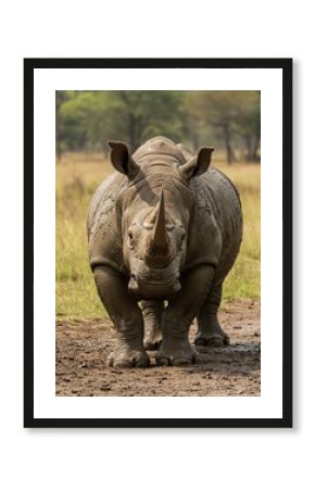 Young Baby Rhinoceros Walking in Natural Grassland with Trees in Background
