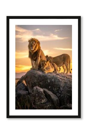 Lions bask in the warm glow of sunset atop a rock