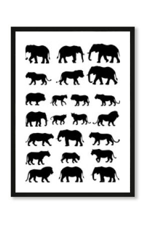 Silhouetted collection of African wildlife, arranged in diverse poses