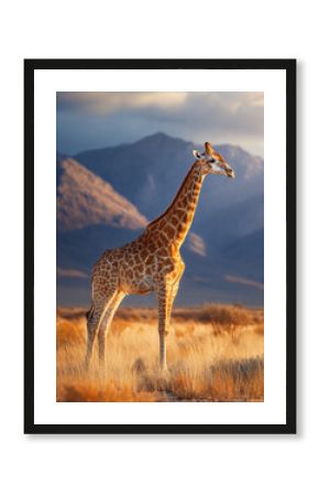 Giraffe standing in golden grassland with mountain background under cloudy sky during sunset, peaceful wildlife scene
