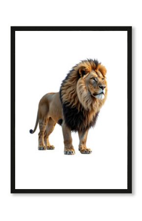 3D render of a lion on white background. The lion is standing upright with huge mane